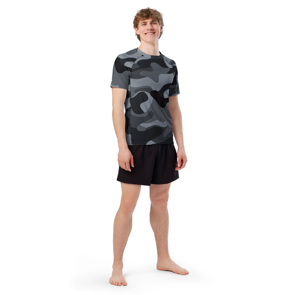 Male model showcasing the front view of the Anuri Shadow Form Tactical Men’s Recycled Rash Guard in grey camouflage.