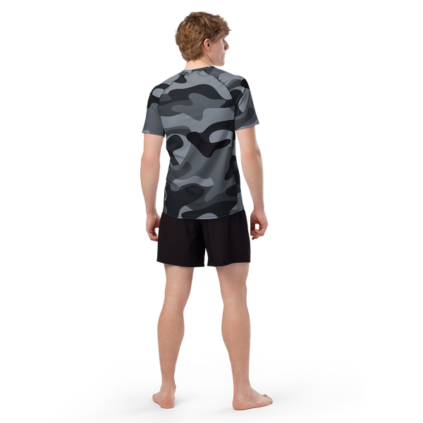 Male model showcasing the back view of the Anuri Shadow Form Tactical Men’s Recycled Rash Guard in grey camouflage.
