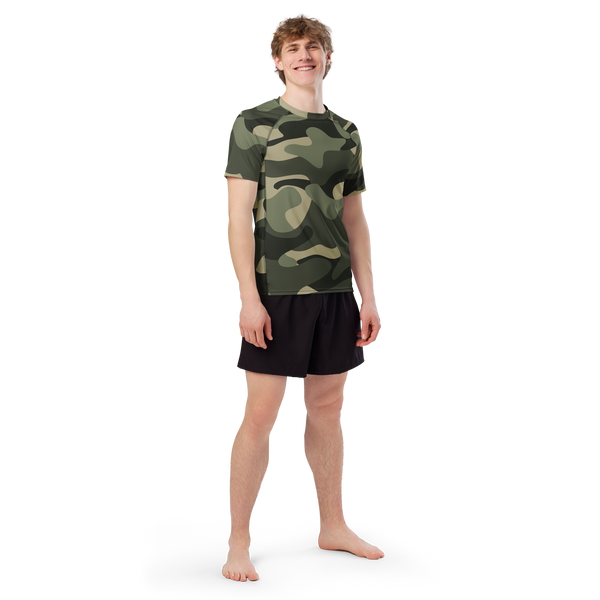 athlete wearing the Anuri Flow Earth Men's Recycled Rash Guard in a green forest camouflage pattern.