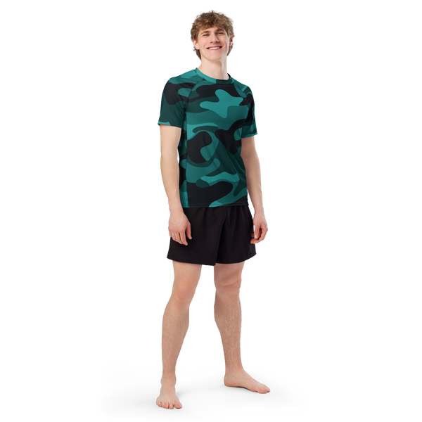 Front view of an athletic male model wearing the fitted Anuri Ignite Men’s Recycled Short Sleeve Rash Guard showcasing the premium all-over bold graphic print.