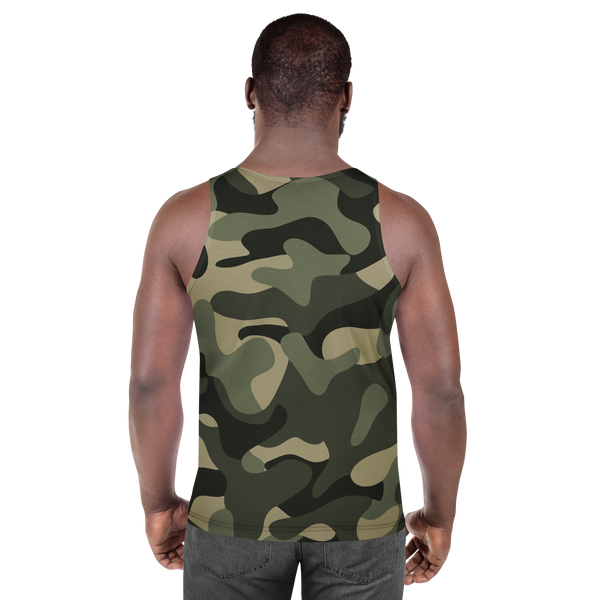 Back view of an athletic male athlete showcasing the shoulder drape and premium mid-weight jersey material of the green camouflage pattern.