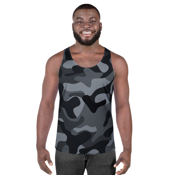 Front view of an athletic male athlete wearing the regular fit Anuri Shadowform Men’s Tank Top in a dark grey and black stealth camouflage pattern.