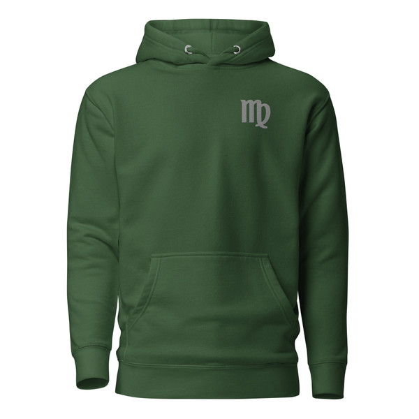 Anuri Elemental Virgo hoodie, front view with black Virgo chest symbol and pouch pocket.
