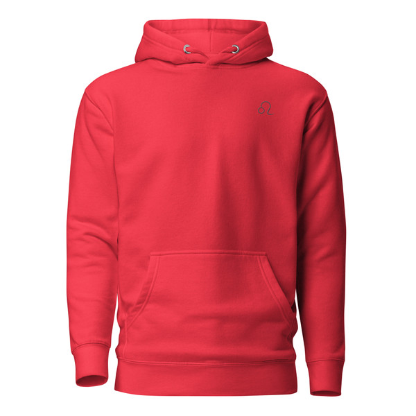 Anuri Elemental Leo Premium Pullover Hoodie in Team Red featuring a minimalist Leo zodiac symbol on the left chest with a modern unisex fit.