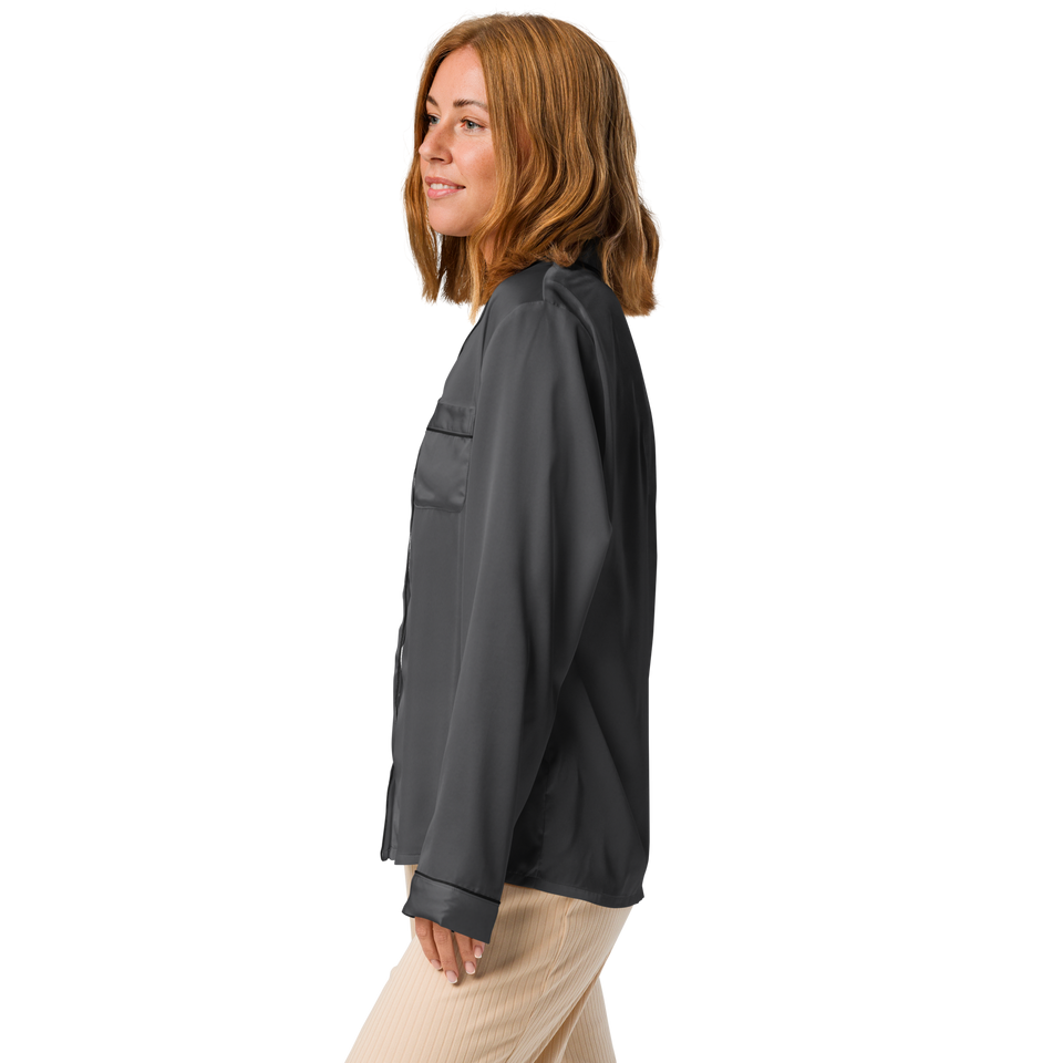 Woman wearing Anuri women’s long sleeve pajama top