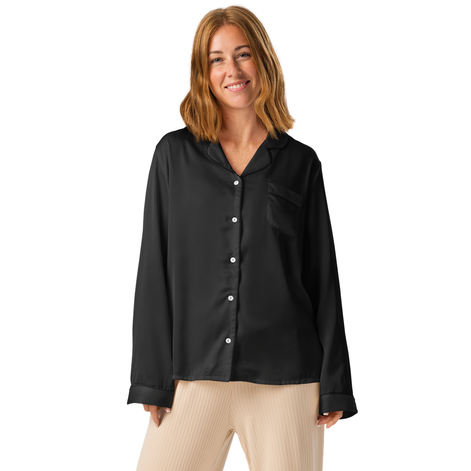 Woman wearing Anuri women’s long sleeve pajama top