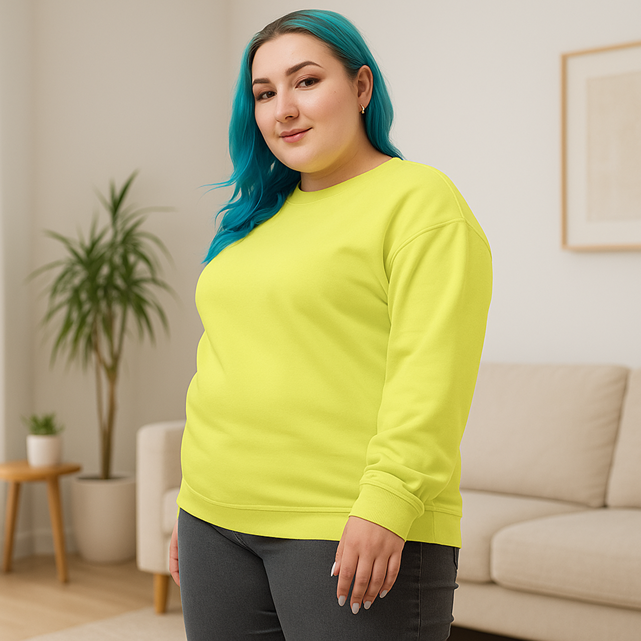 She wearing a lemon grass recycled sweatshirt in a relaxed fit, viewed from the side.