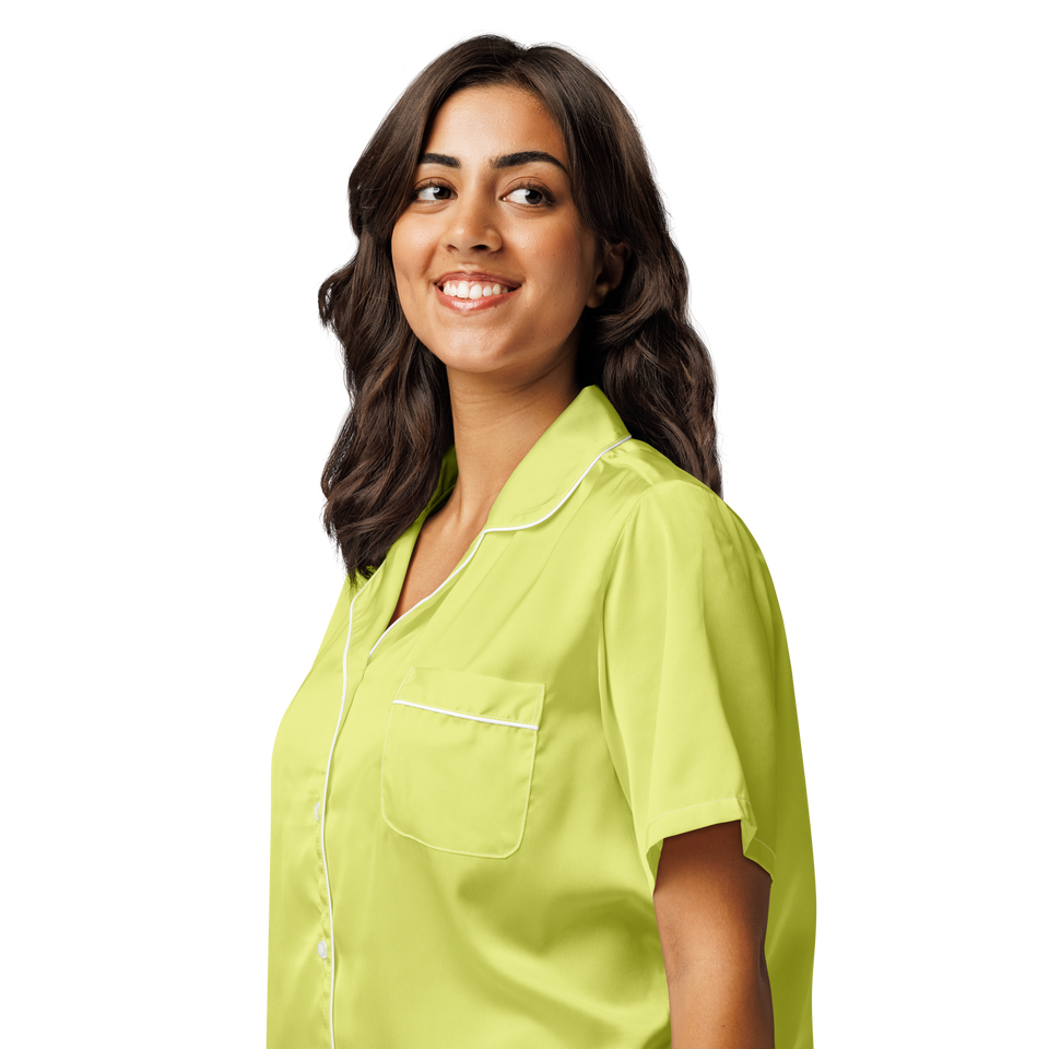 women’s short sleeve pajama top, button-up front, and chest pocket by Anuri Activewear.