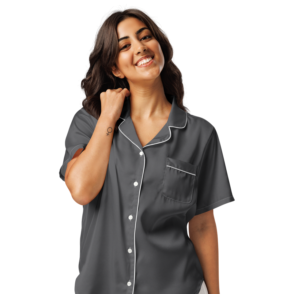 women’s short sleeve pajama top, button-up front, and chest pocket by Anuri Activewear.