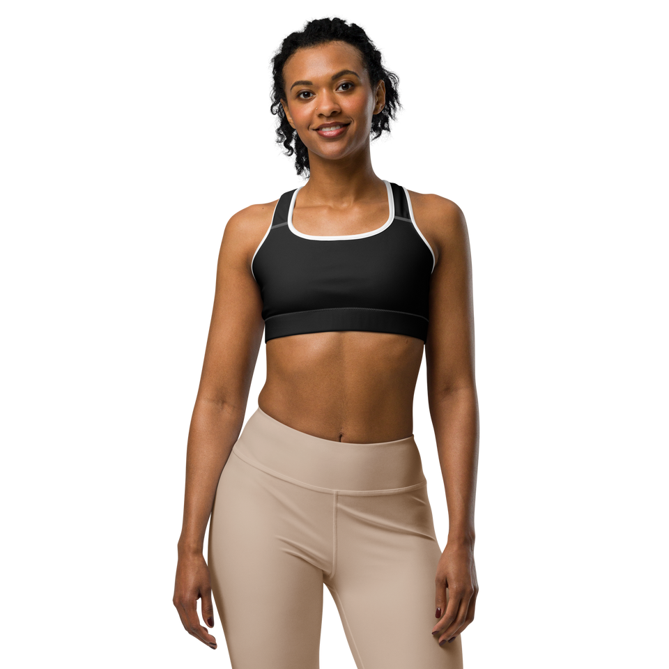Front view of the Anuri Kinetic Racerback Sports Bra featuring a scoop neckline and white contrast athletic binding.