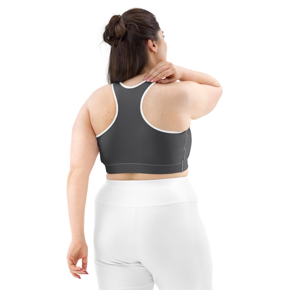 Back view of the Anuri Kinetic Racerback Sports Bra showcasing the supportive racerback cut and white flatlock stitching details.