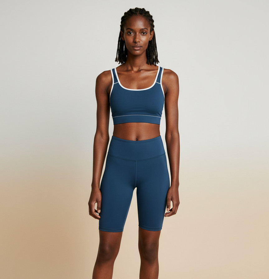 Front view of a model wearing the Anuri Powerform Padded Sports Bra in Crown Blue with white contrast trim and matching athletic shorts.