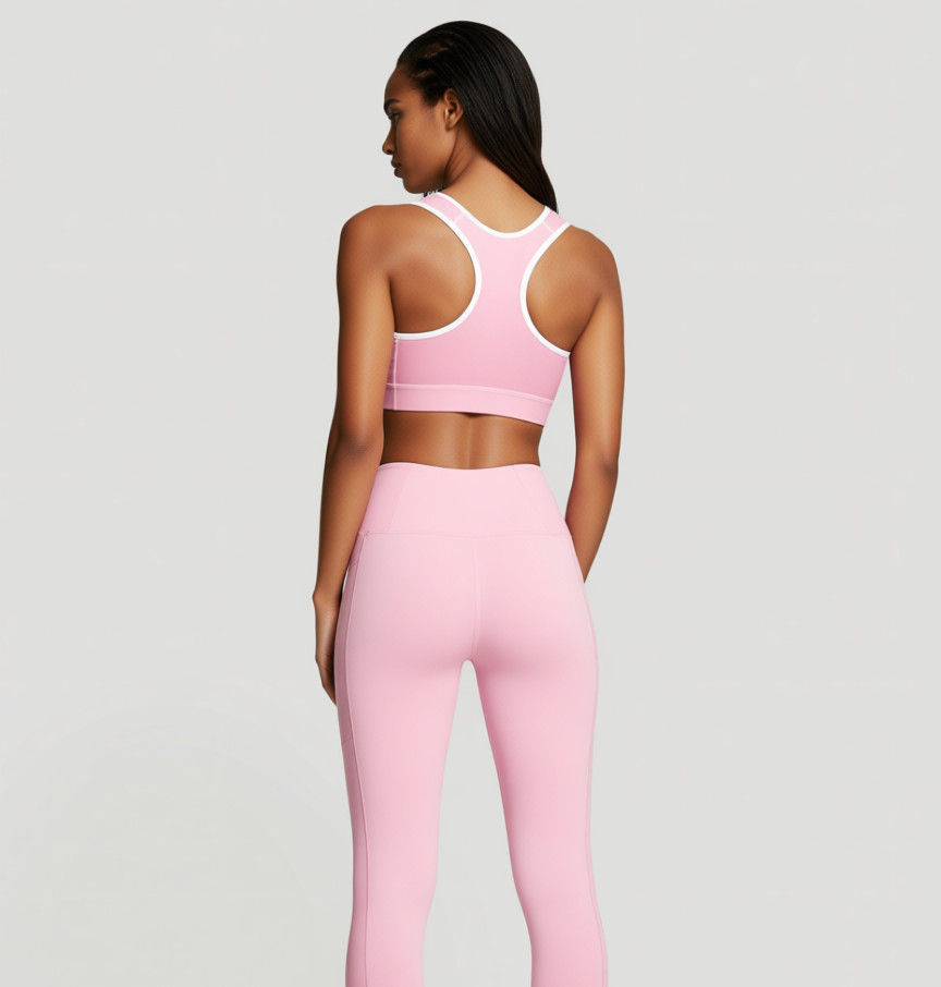 Back view of a model wearing the Anuri PowerForm Padded Sports Bra in Primrose Pink with white contrast trim and matching leggings.