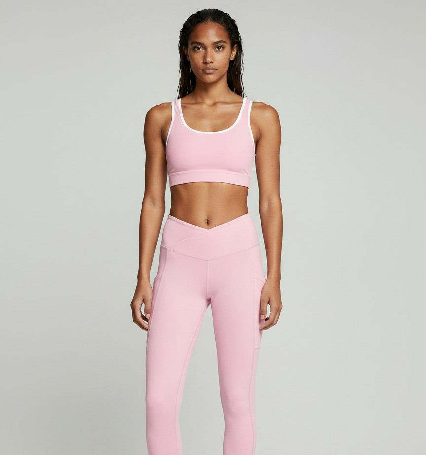 Front view of a model wearing the Anuri PowerForm Padded Sports Bra in Primrose Pink with white contrast trim and matching leggings.