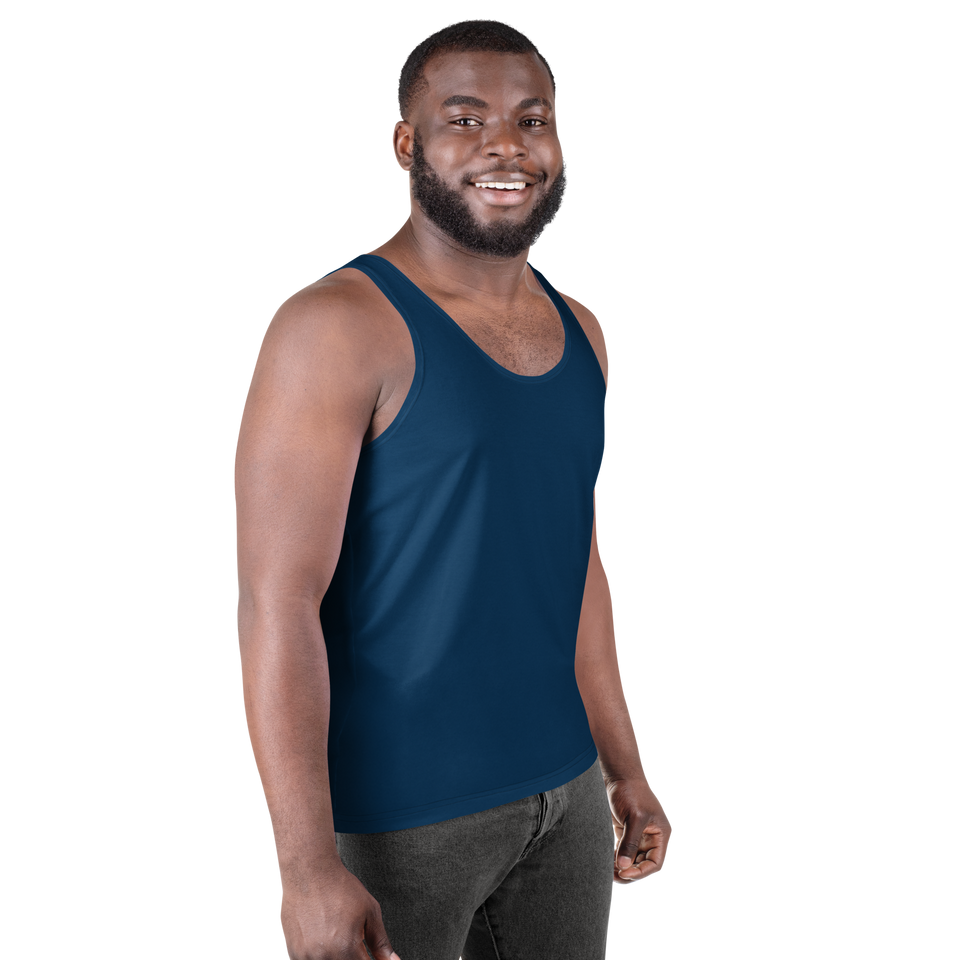 Model wearing crown blue relaxed-fit tank top – vibrant, breathable, and sustainably made by Anuri.