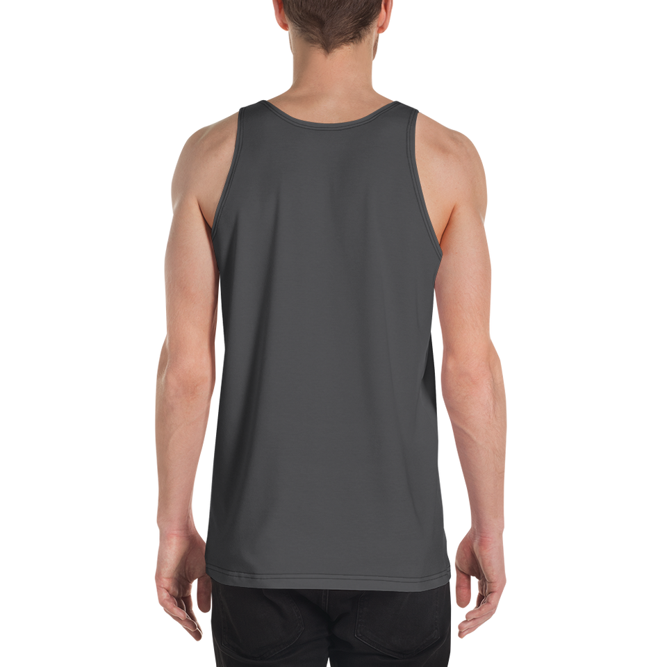 Model wearing dark gull gray relaxed-fit tank top – modern, durable, eco-friendly gym apparel by Anuri Activewear.