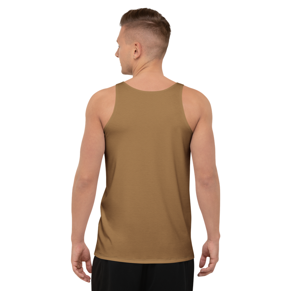 Model wearing toffee relaxed-fit tank top – lightweight, eco-friendly performance wear by Anuri Activewear.