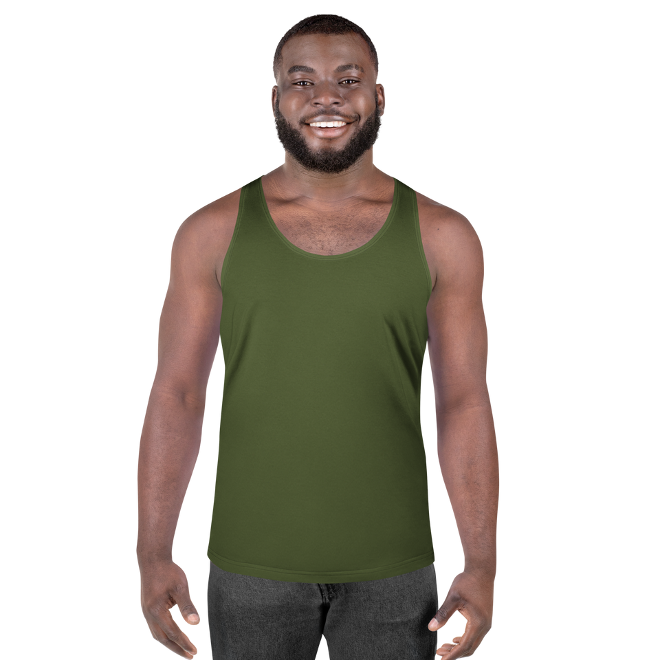 Model wearing deep lichen green relaxed-fit tank top – breathable, sustainable men’s activewear by Anuri.