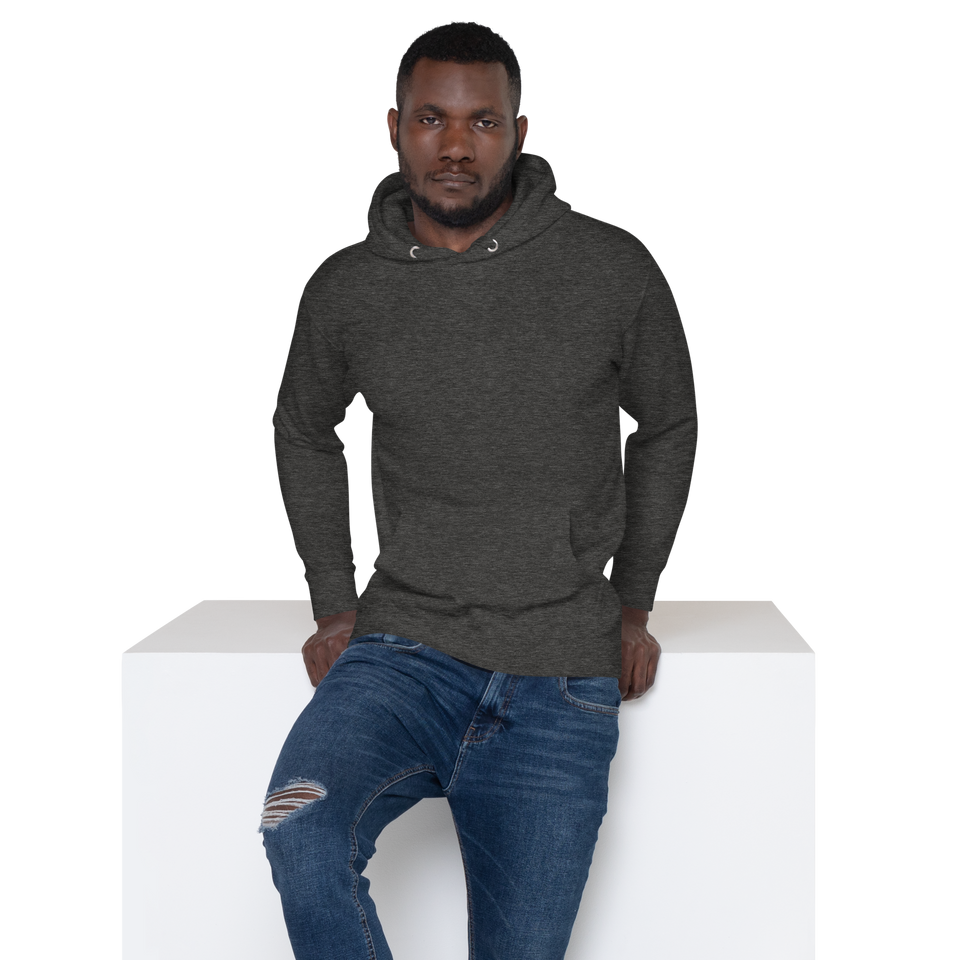 Model wearing premium pullover hoodie – unisex sustainable activewear by Anuri.