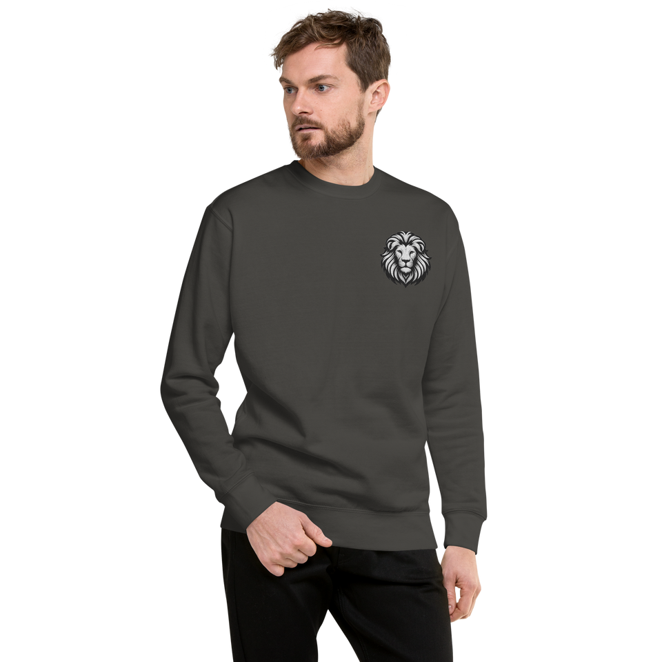 Model wearing premium sweatshirt with small white lion chest logo – unisex sustainable activewear by Anuri.