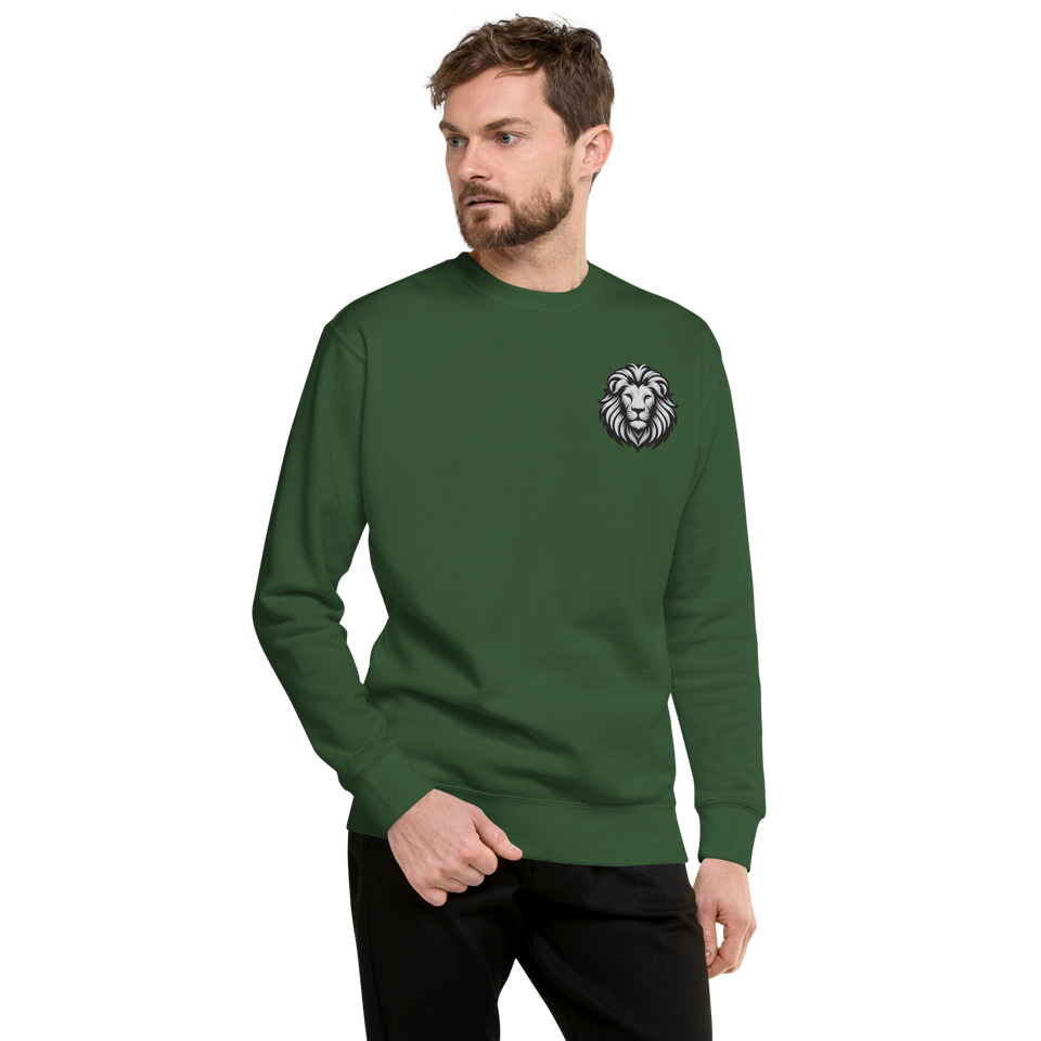 Model wearing premium sweatshirt with small white lion chest logo – unisex sustainable activewear by Anuri.