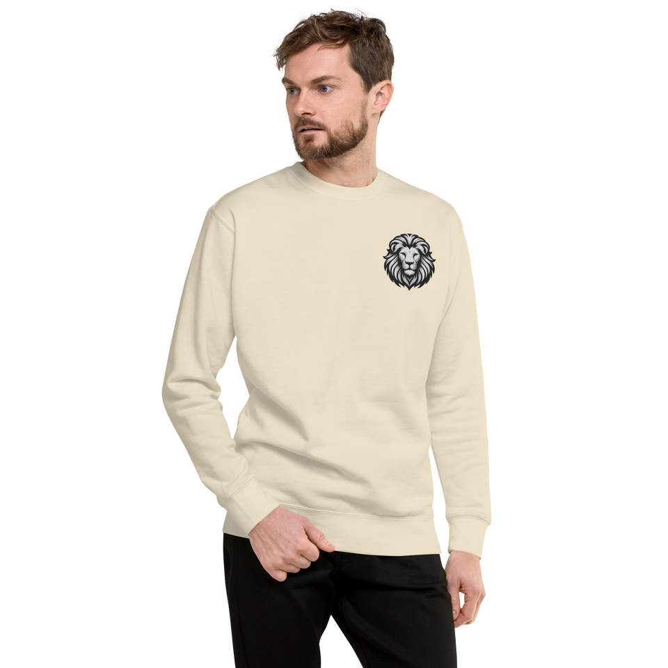 Model wearing premium sweatshirt with small white lion chest logo – unisex sustainable activewear by Anuri.