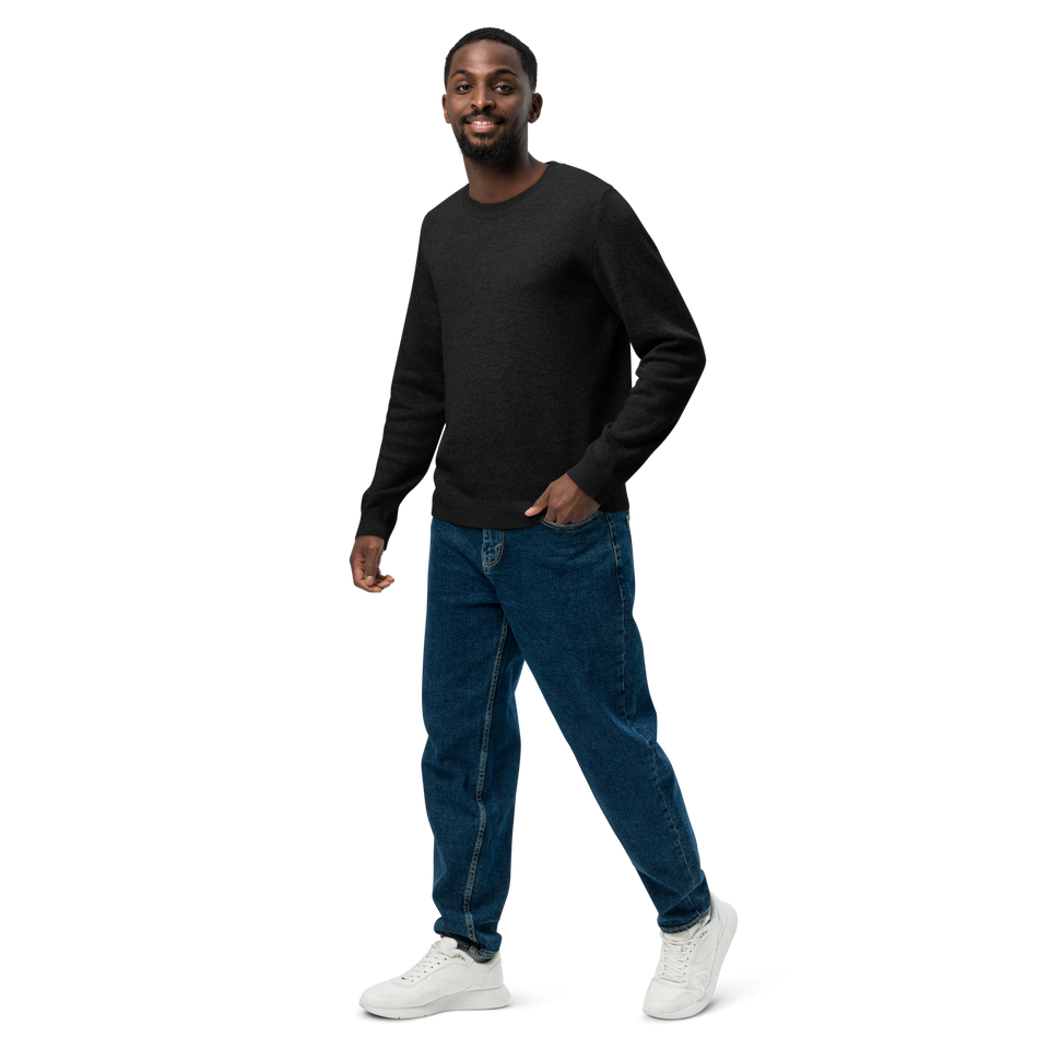 Model wearing black classic knitted crewneck pullover sweater – timeless, minimalist sustainable sweater by Anuri Activewear.