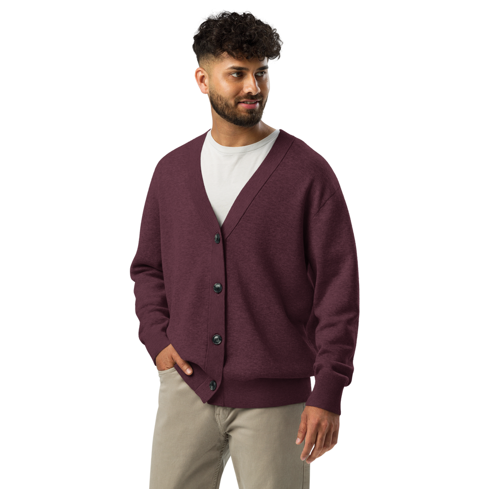 Model wearing men’s classic V-neck cardigan in Burgundy – soft, sustainable knitwear by Anuri Activewear.
