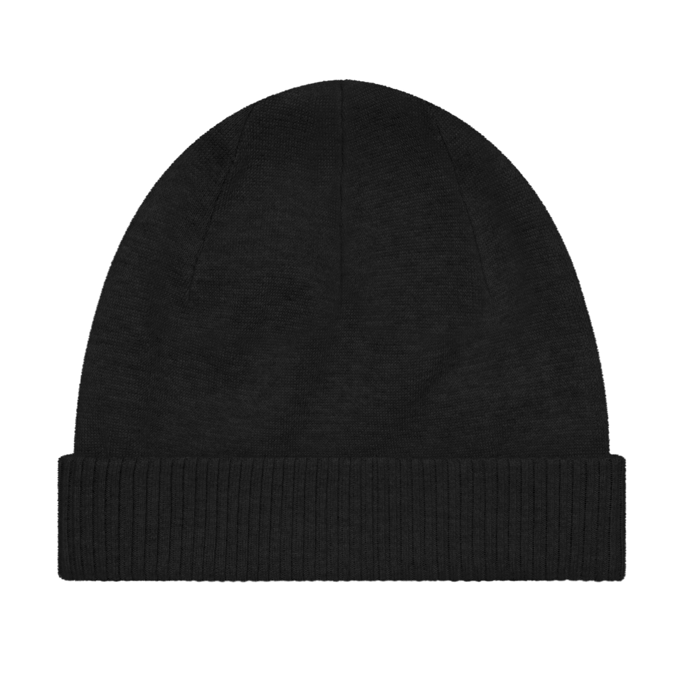 Anuri Activewear minimal black knit beanie with a cuffed rib fold, shown in a front view