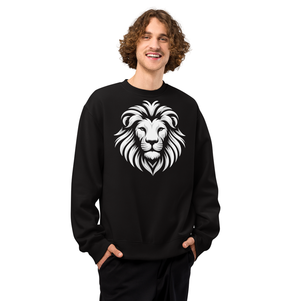 Model wearing black oversized heavyweight sweatshirt with white lion graphic – premium unisex activewear by Anuri.
