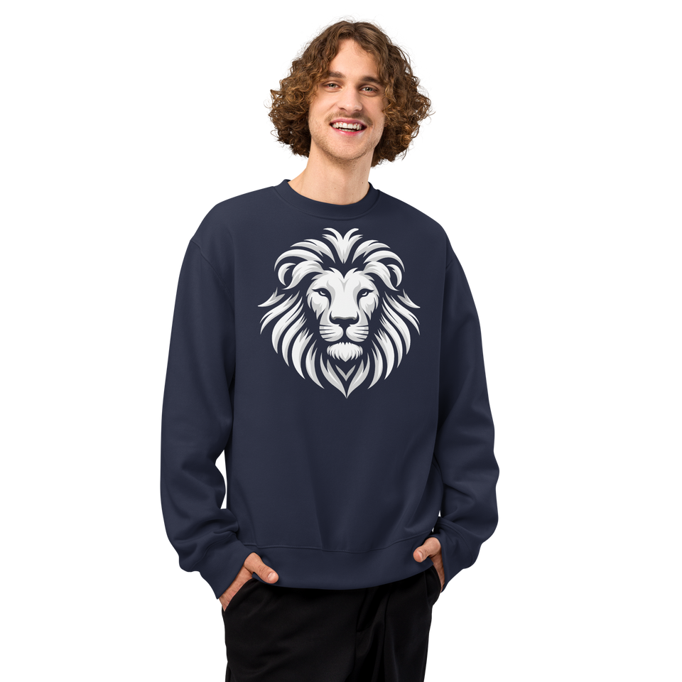 Model wearing black oversized heavyweight sweatshirt with white lion graphic – premium unisex activewear by Anuri.