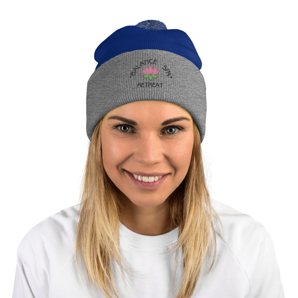 Anuri Classic Pom-Pom Beanie – blue and grey knit winter hat with embroidered logo