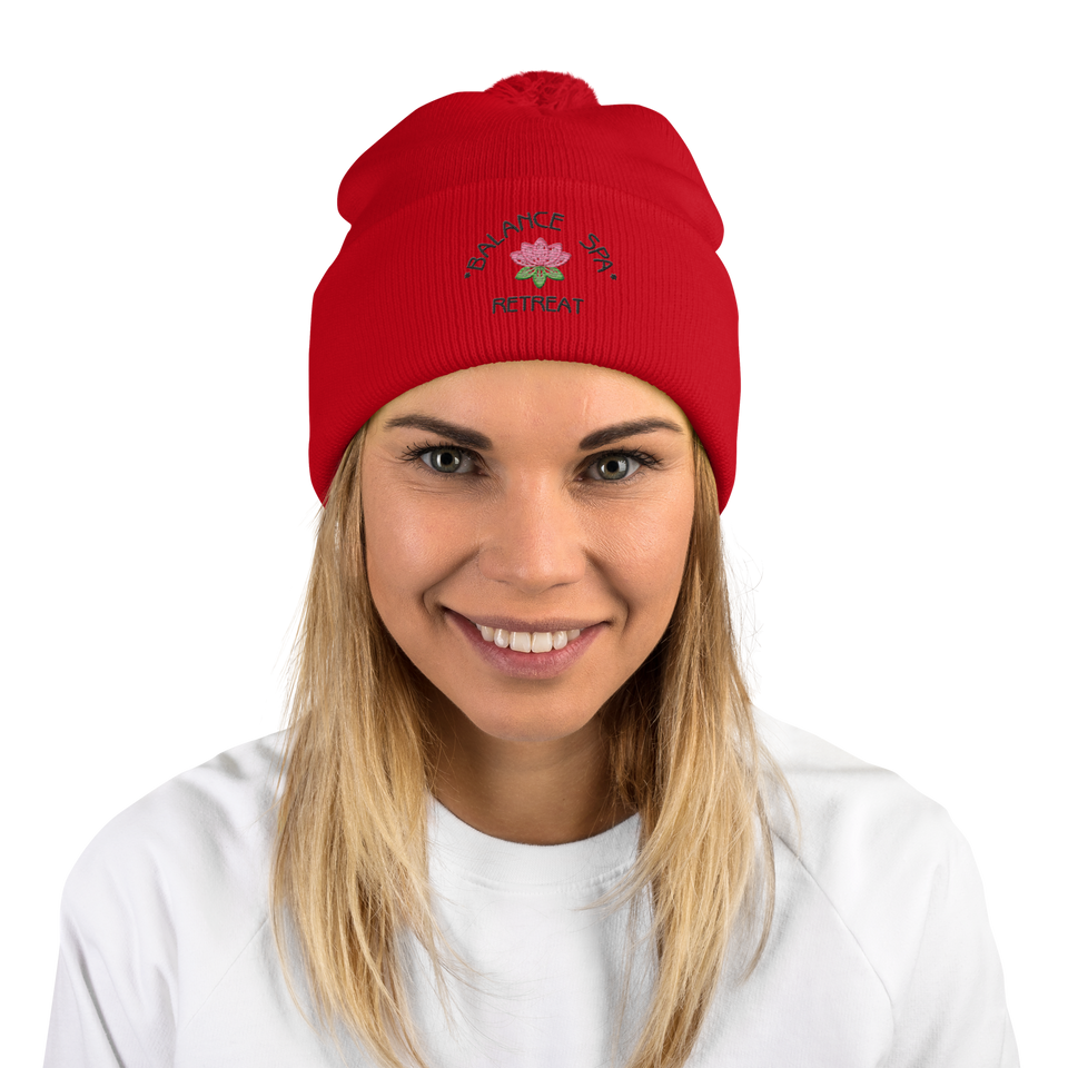 Anuri Pom-Pom Beanie front view – cozy acrylic knit beanie with folded cuff and pom detail