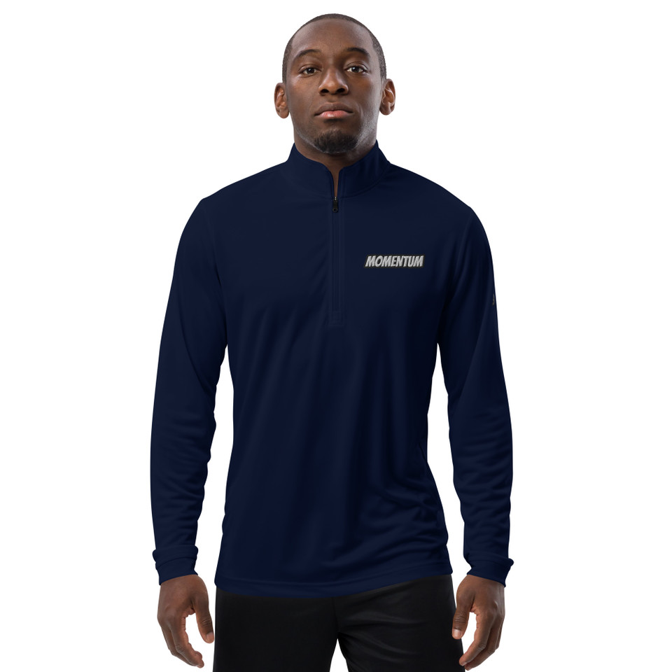 Model wearing collegiate navy Adidas quarter zip pullover with “Momentum” logo on left chest – lightweight, UPF 50+, eco-performance wear by Anuri Activewear.