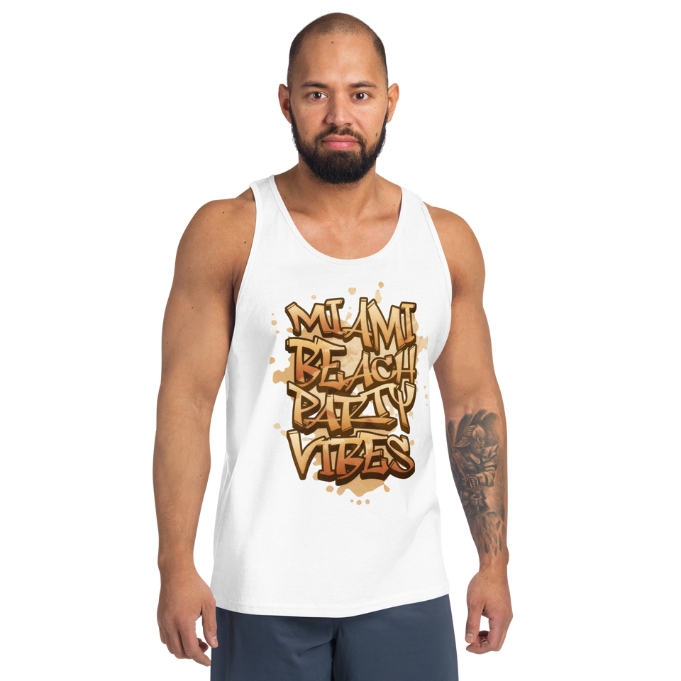 Model wearing white “Miami Beach Party Vibes” tank top – soft, classic summer tank with vibrant text by Anuri Activewear.