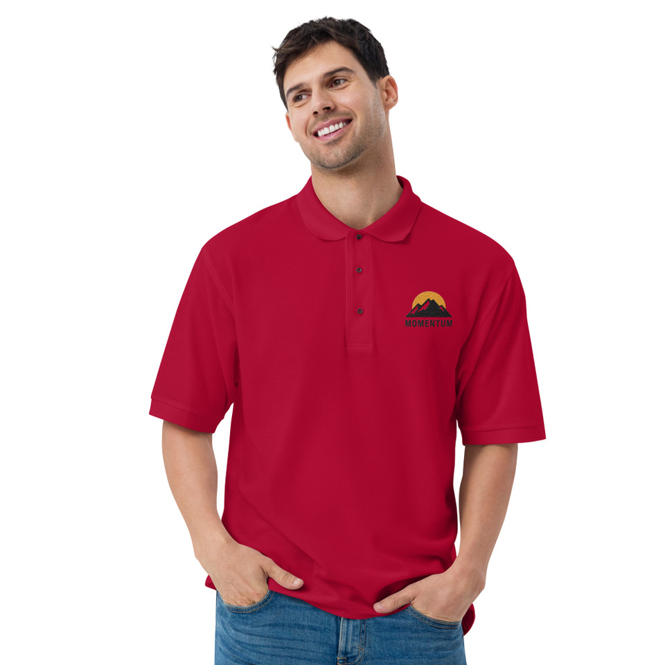 Model wearing Port Authority embroidered polo shirt – relaxed fit, classic performance style by Anuri.