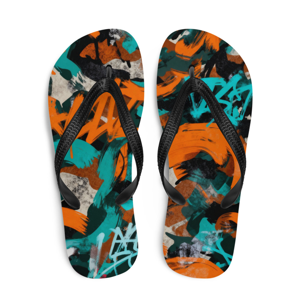 Anuri Graffiti Flip-Flops – colorful orange, teal, and black summer sandals with bold abstract design