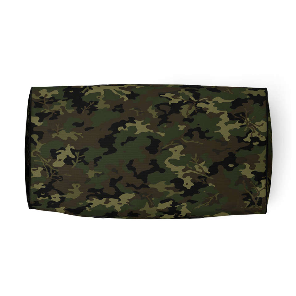 a spacious duffle bag featuring a classic green, brown, and black military camouflage pattern. It has black padded handles and a black adjustable shoulder strap.