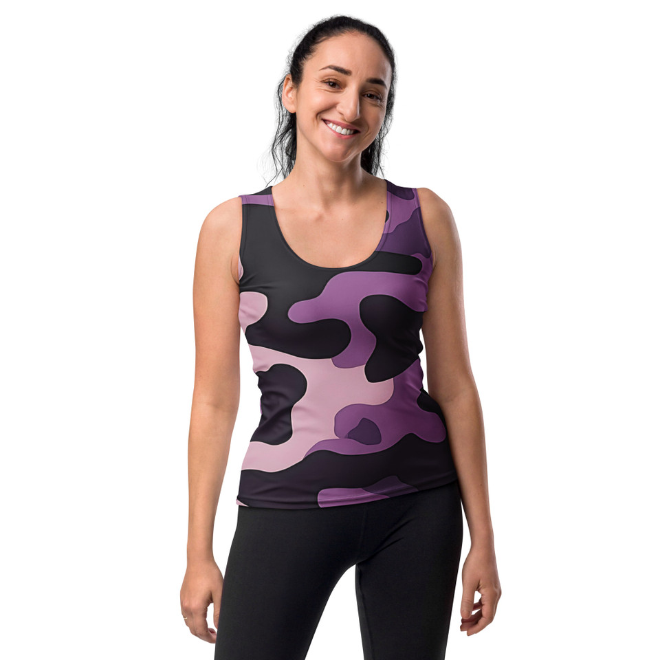 Anuri women’s purple camo performance tank top with four-way stretch fabric and dipped hem
