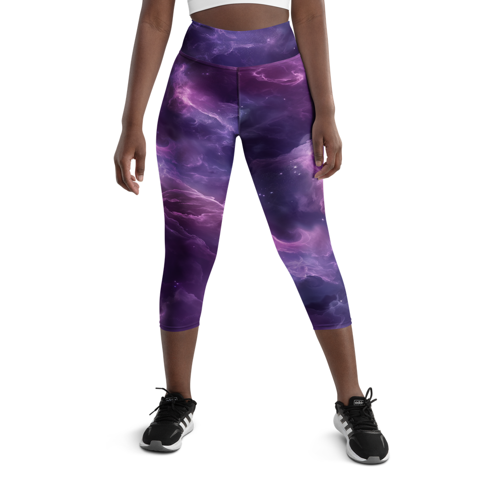 Model wearing yoga capri leggings with purple abstract print,