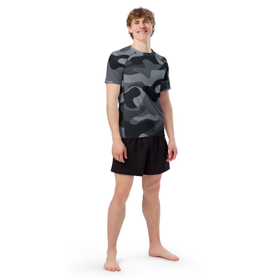 Male model showcasing the front view of the Anuri Shadow Form Tactical Men’s Recycled Rash Guard in grey camouflage.