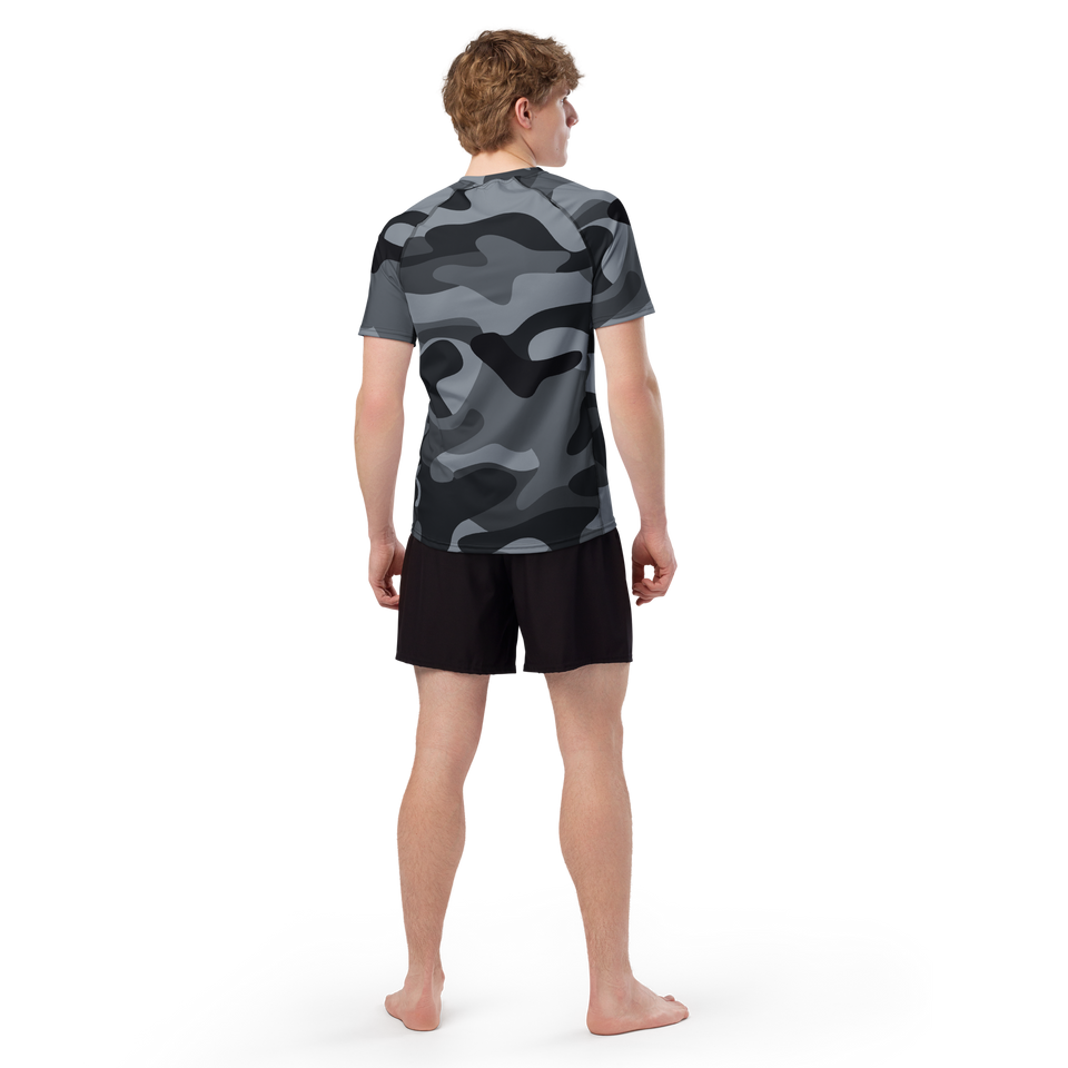 Male model showcasing the back view of the Anuri Shadow Form Tactical Men’s Recycled Rash Guard in grey camouflage.