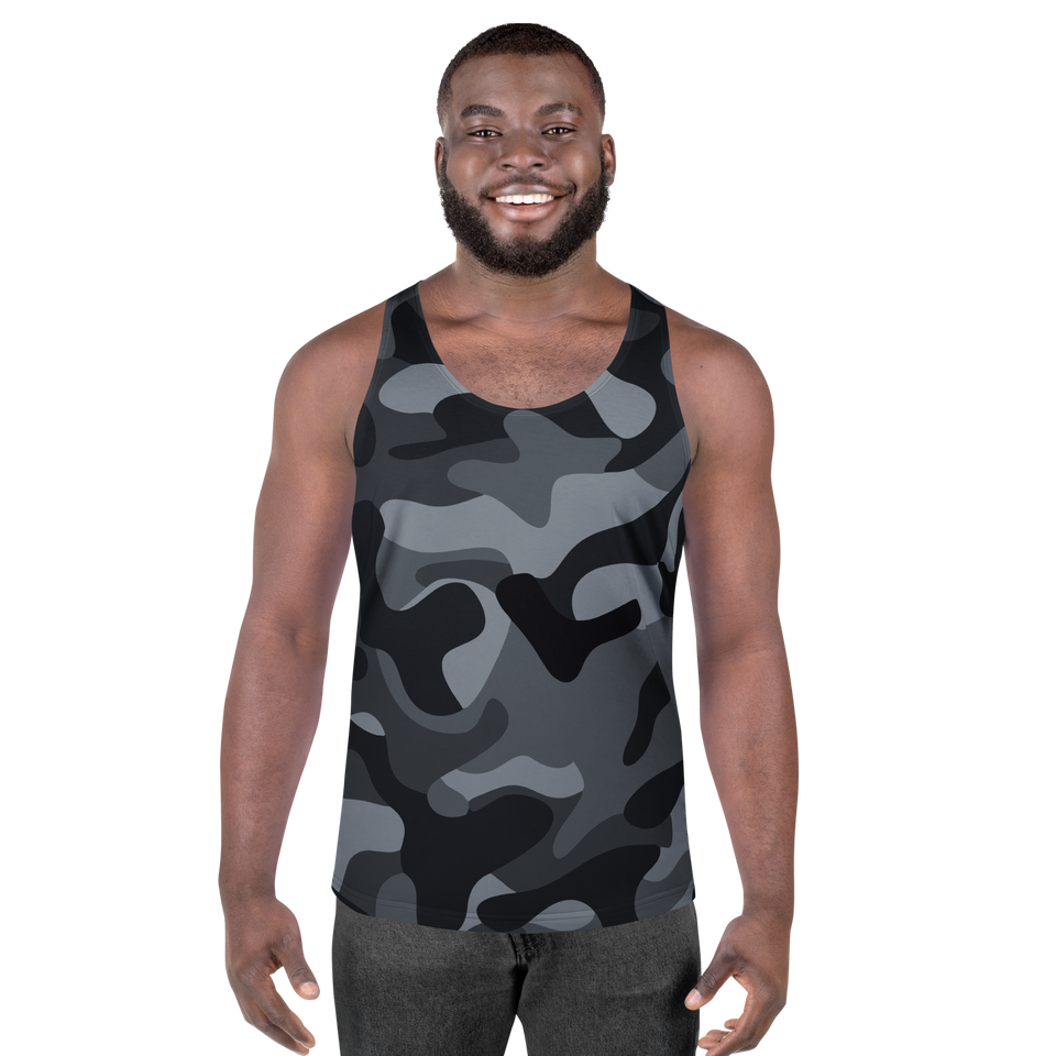 Front view of an athletic male athlete wearing the regular fit Anuri Shadowform Men’s Tank Top in a dark grey and black stealth camouflage pattern.