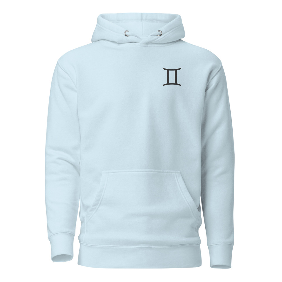 Anuri Elemental Gemini Premium Pullover Hoodie featuring minimalist Gemini zodiac symbol on left chest and modern athletic fit.