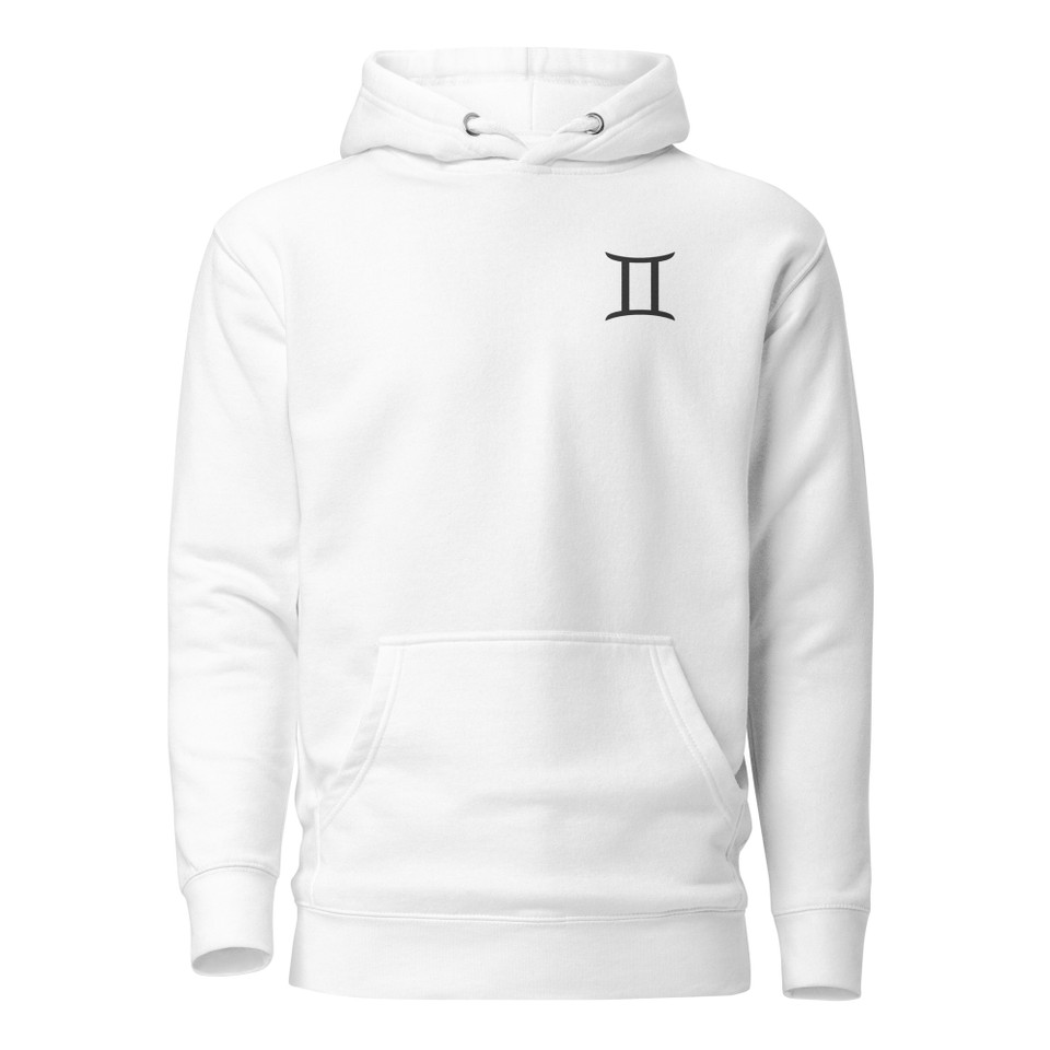 Anuri Elemental Gemini Premium Pullover Hoodie featuring minimalist Gemini zodiac symbol on left chest and modern athletic fit.