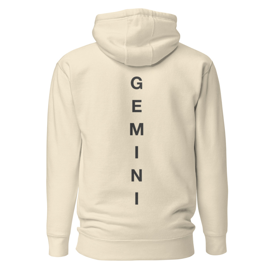 Anuri Elemental Gemini Premium Pullover Hoodie featuring bold vertical Gemini typography graphic on back and premium fleece-lined construction.