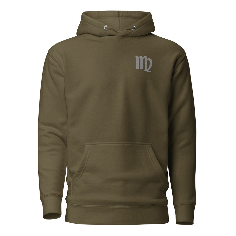 Anuri Elemental Virgo hoodie, front view with black Virgo chest symbol and pouch pocket.