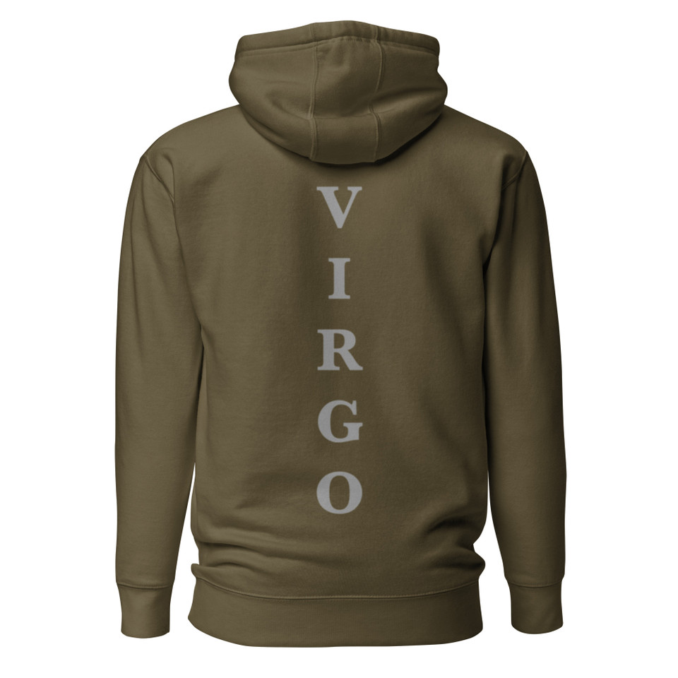 Anuri Elemental Virgo hoodie, back view with vertical Virgo lettering.
