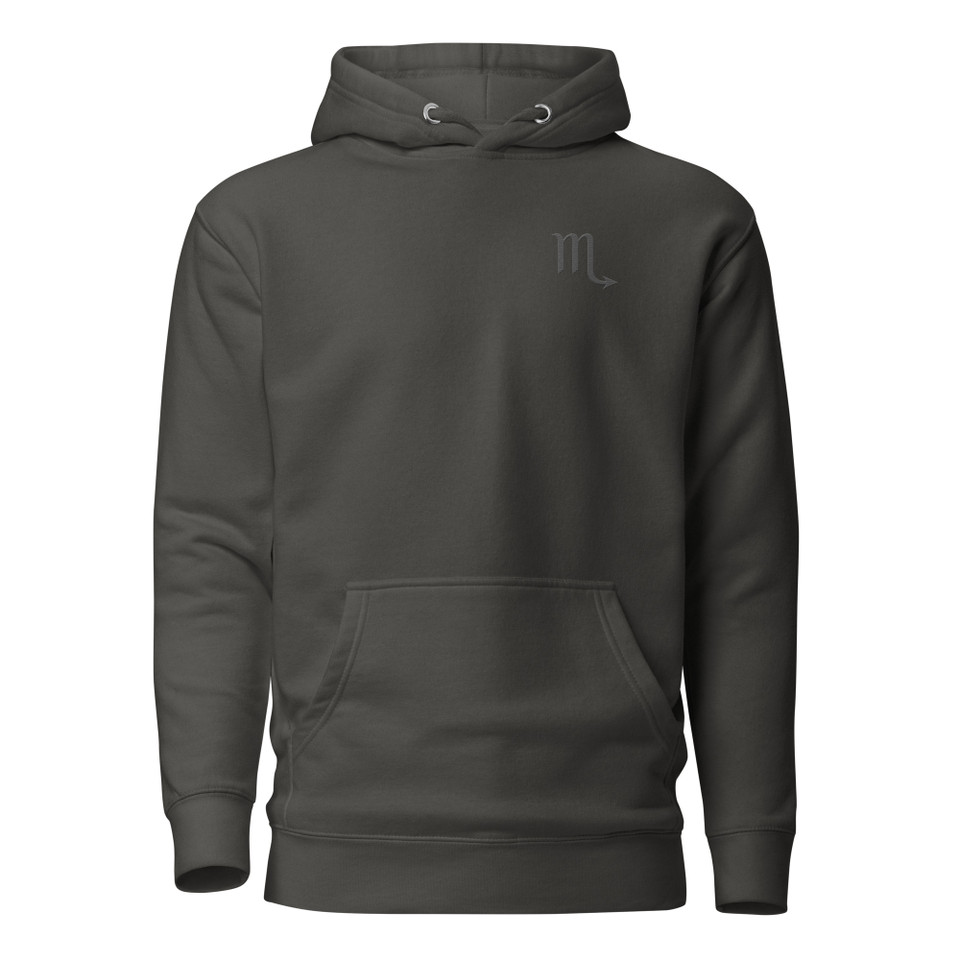 Anuri Elemental Scorpio hoodie, front view with black Scorpio chest symbol and pouch pocket.