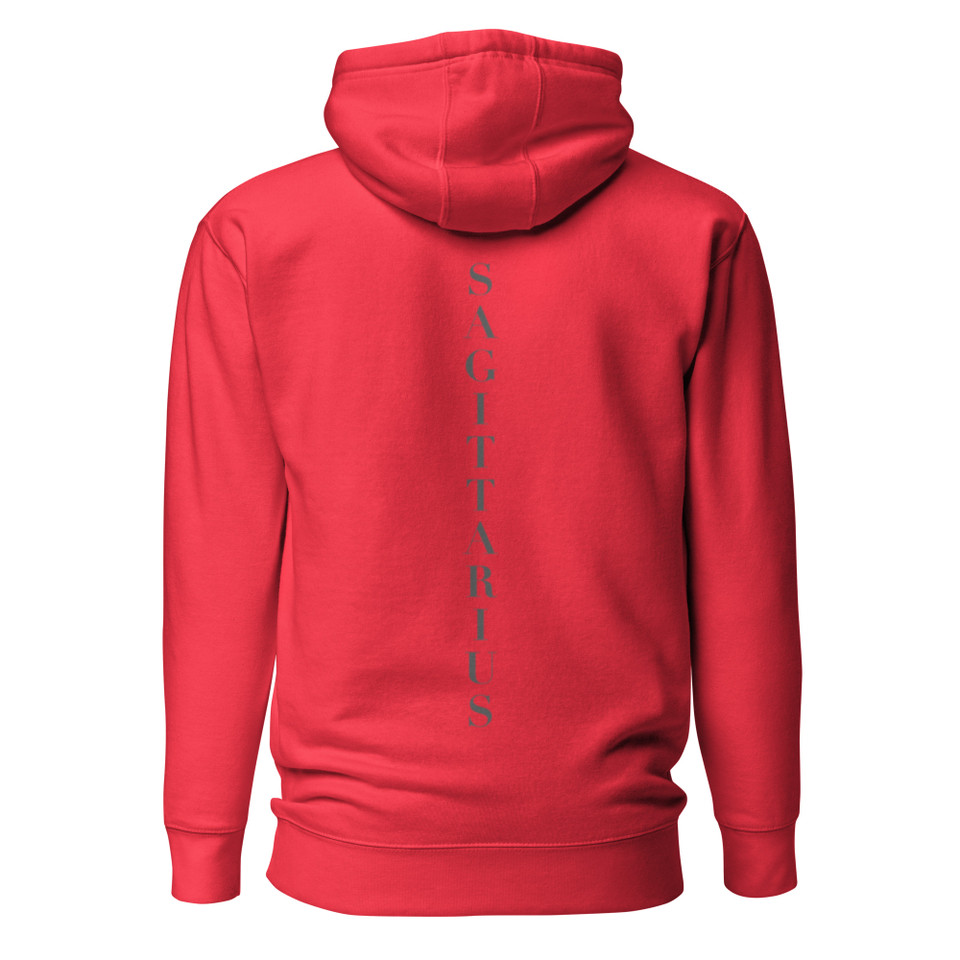 Anuri Elemental Sagittarius hoodie, back view with vertical Sagittarius lettering.